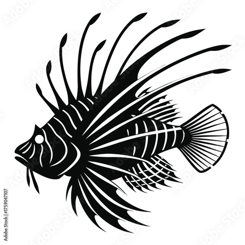 Striking black and white silhouette of a lionfish
