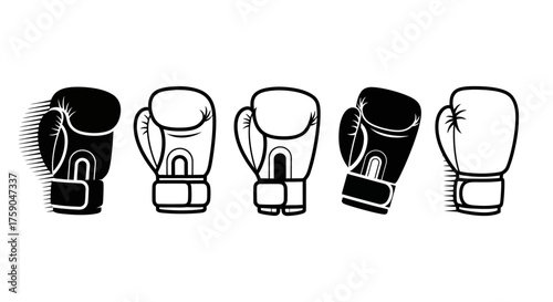A versatile collection of monochrome boxing glove vector illustrations, showcasing stylized combat sport equipment for dynamic athletic designs