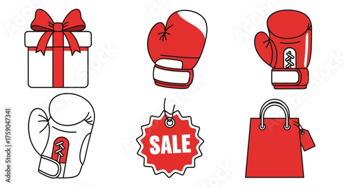 Vector illustration set featuring commercial and sports icons, including red boxing gloves, a sale tag, a gift box, and a shopping bag