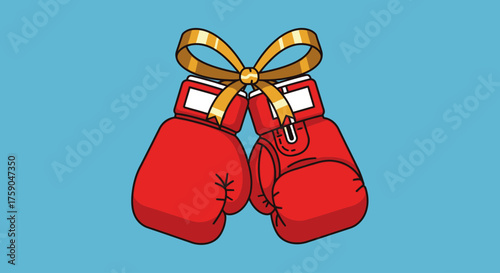 An illustration of red boxing gloves tied together with a shiny golden gift bow, symbolizing a prize for a fight or a special competitive event