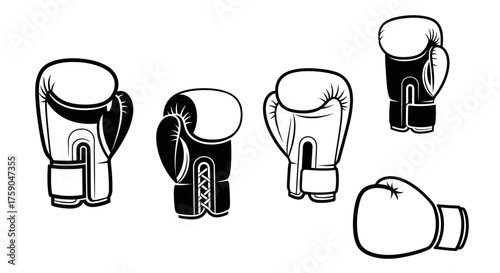 A collection of isolated black and white boxing glove illustrations, representing combat sports and fitness equipment in a vector line art style
