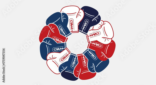Conceptual illustration of teamwork and competition featuring a circular wreath of red, white, and blue boxing gloves, representing a sports club emblem or logo