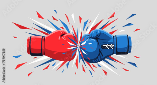 Competitive clash of red versus blue boxing gloves in a powerful punch, symbolizing a fight, match, or rivalry concept illustration