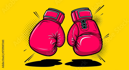 A powerful illustration of two red boxing gloves in a dynamic pop art style, featuring halftone dots on a vibrant yellow background