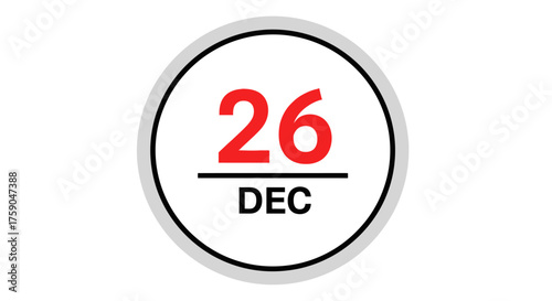 Vector icon of a calendar page for December 26th. Clean, modern flat design symbol for dates, appointments, schedules, and holidays like Boxing Day. Isolated graphic element