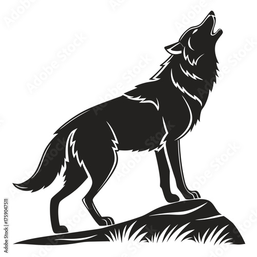 Stylized silhouette of a wolf howling on a rocky outcrop