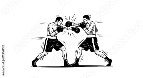 A vintage hand-drawn illustration capturing the intense moment of impact between two boxers engaged in a classic, competitive fight