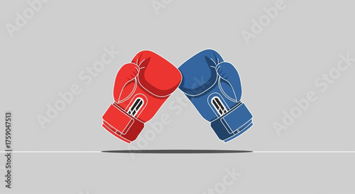 Vector illustration of red and blue boxing gloves clashing, representing competition, confrontation, and rivalry in a match