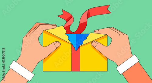 A flat vector illustration depicting hands unwrapping a yellow gift, tearing the red ribbon to reveal a surprise inside, symbolizing celebration and giving