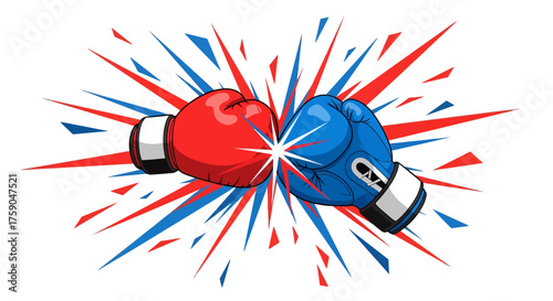 A dynamic cartoon clash of red and blue boxing gloves, representing a competitive fight, versus battle, or sports confrontation with an explosion