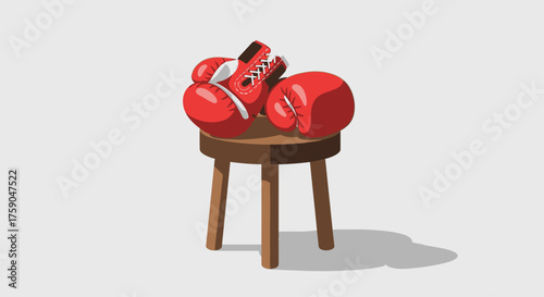 Vector illustration of red boxing gloves resting on a simple wooden stool, symbolizing a moment of rest, preparation, or the end of a match