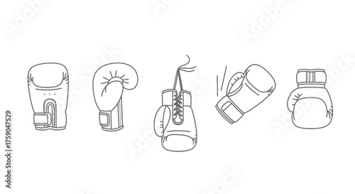 Collection of minimalist boxing glove line art illustrations showing different angles and states for combat sports design