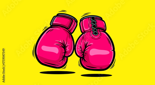 A vibrant pair of pink boxing gloves clashing together in a dynamic pop art illustration style on a bright yellow background
