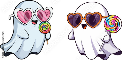 Two cute ghosts wearing sunglasses holding lollipops