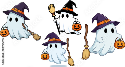 Cute halloween ghosts wearing witch hats and carrying pumpkins