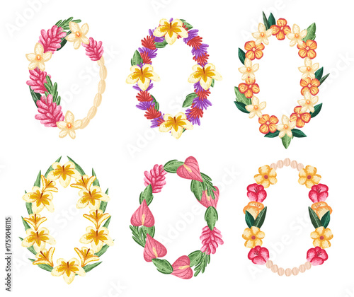 Hawaiian necklace garland with summer flowers. Aloha wreath in flat style