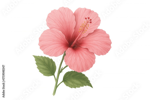 Pink hibiscus flower watercolor painting, a tropical botanical illustration with green leaves, isolated on a transparent background