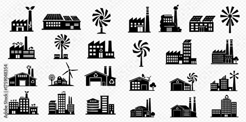 A collection of black and white vector icons representing various industrial buildings, factories, and renewable energy sources.
