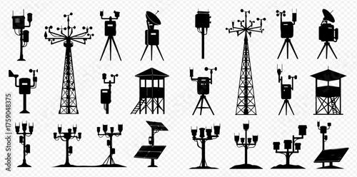 Silhouetted weather stations and observation towers, a variety of scientific instruments for meteorological data collection.