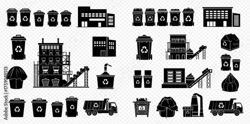 Black and white recycling and waste management icons.