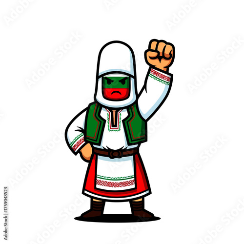 A determined Bulgarian patriot character in traditional folk costume with a raised fist symbol of protest