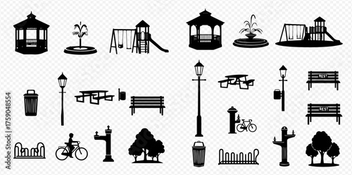 Silhouetted park elements: gazebos, swings, benches, trees, and more.