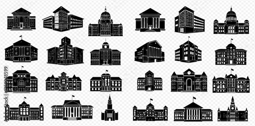 Silhouetted buildings and architectural structures in a detailed vector graphic.