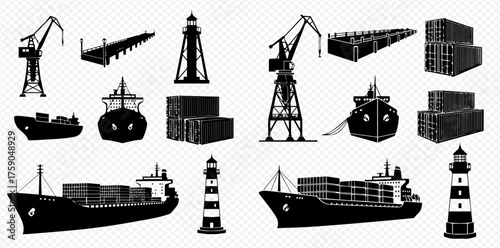 Silhouetted maritime shipping elements: cranes, ships, containers, docks, and lighthouses.