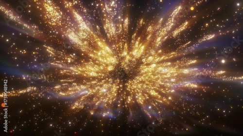 4K Golden Glitter Particle Explosion Abstract Light Burst Background Animation Video. Gold particles isolated on black. Trend effect for motion design, overlays, intros, or festive visuals.
