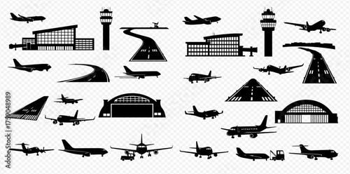 Silhouetted airport elements: planes, terminals, runways, and control towers in a vector graphic.