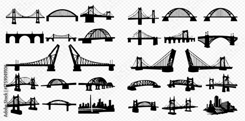 A collection of bridge silhouettes, showcasing various architectural styles and designs in black and white.
