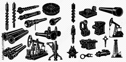 Illustration of various oil drilling and industrial equipment in black and white.
