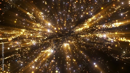 4K Golden Glitter Particle Explosion Abstract Light Burst Background Animation Video. Gold particles isolated on black. Trend effect for motion design, overlays, intros, or festive visuals.
