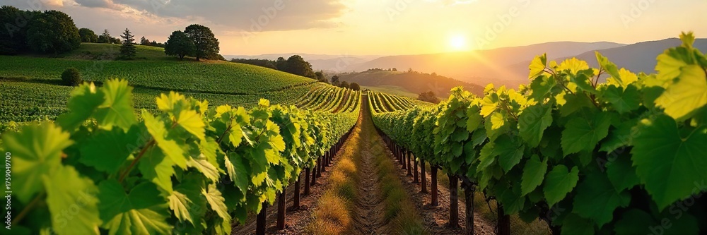 Obraz premium Sun-Drenched Hillside Vineyard Ready for Harvest Idyllic Rows of Lush Grapevines Perfect for Wine Labels and Publications