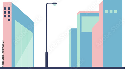 modern cityscape illuminated by streetlights against a dark night sky with tall buildings and shops