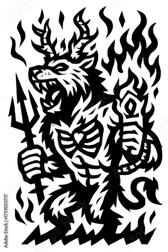 Intense Hell Beast emerging from flames holding trident, a fearsome mythological creature graphic element illustration