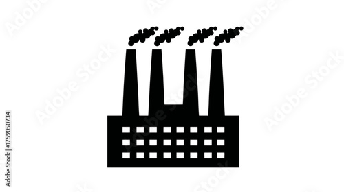 Industrial factory building silhouette with smokestacks emitting smoke, symbolizing manufacturing, production, and air pollution icon.