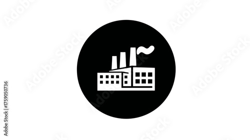 Industrial factory building icon. Manufacturing plant symbol. Production facility sign in flat white on black circle vector illustration.