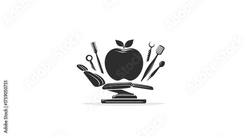 Professional dental health and oral hygiene concept illustration featuring an apple, dental tools, and a chair on white background.