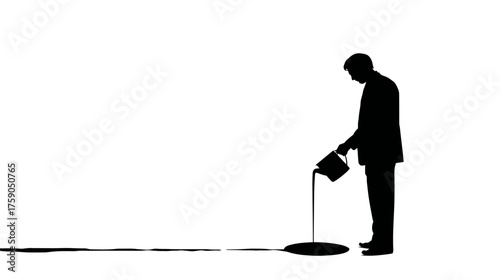 Graphic silhouette of a man pouring dark liquid, creating a long black line on a pure white background. Concept of genesis or path.