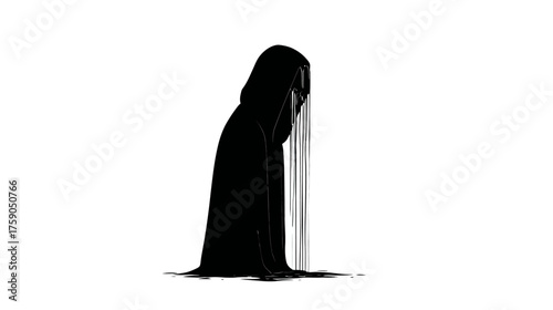 Conceptual dark silhouette of a hooded figure experiencing profound grief and despair, isolated on white with flowing black elements.