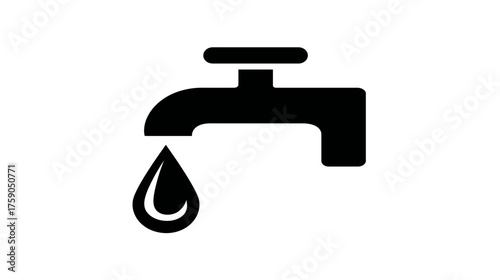Water faucet icon with a single droplet falling, symbolizing water conservation, plumbing, and essential resources, in a minimalist black and white vector graphic.