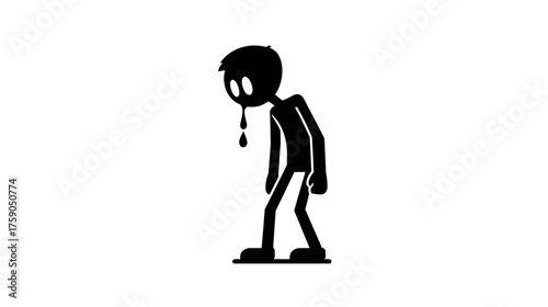 Black stick figure feeling unwell and sick, hunched over with drool, cartoon silhouette graphic representing nausea or illness.
