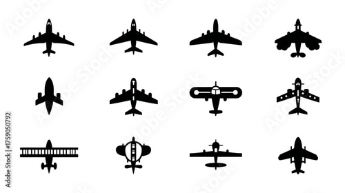 Set of Diverse Airplane Silhouettes. Collection of Aircraft Icons for Aviation, Air Travel, and Transportation Design Elements.