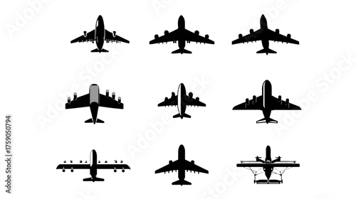 Diverse Airplane Silhouettes Set. Collection of Aircraft Icons and Vector Symbols for Aviation, Travel, Transport, and Flight Design Projects