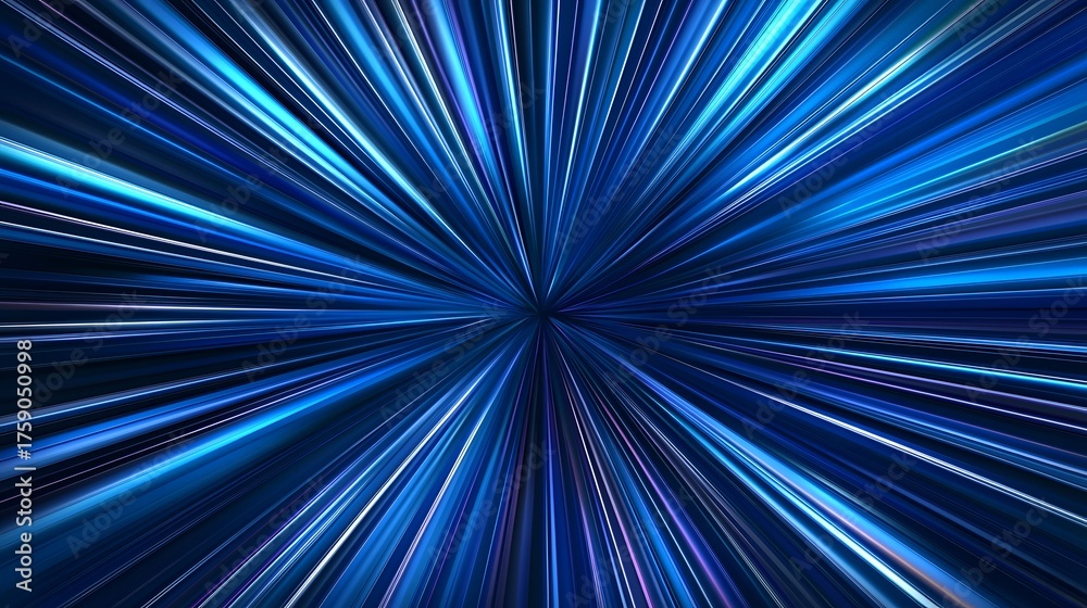 Obraz premium The image features an abstract burst of bright, electric blue and white lines emanating from a central point, creating a sense of speed and depth, suggesting a futuristic, high-tech backdrop.