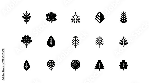 Set of diverse minimalist tree and leaf icons on white background, vector graphics for nature, ecology, and organic designs