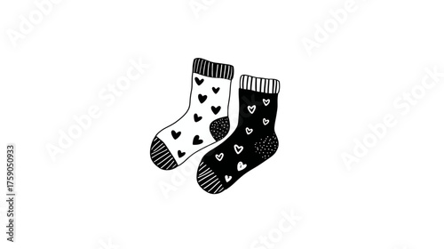 Hand-drawn pair of cozy socks with black and white heart patterns, charming doodle style illustration for comfort and warmth