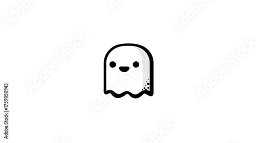 Cute friendly ghost cartoon illustration with a happy face, simple minimalist design on a clean white background, spooky but adorable character