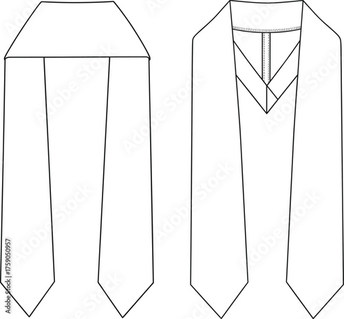 Academic stole technical sketch, graduation gown overlay, pointed ends, fashion cad drawing, ceremonial garment flat vector illustration, education attire template